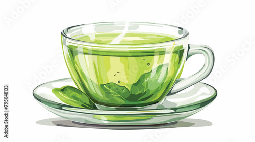 Glass cup of tasty green tea on white background Vector
