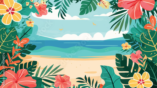 Summer beach landscape with floral frame. illustration