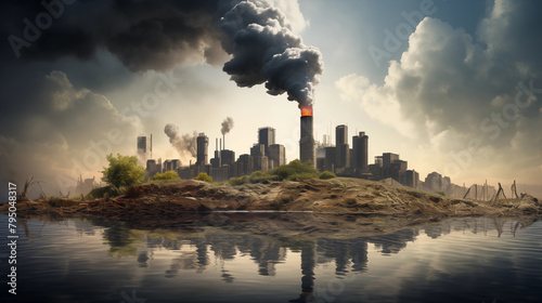 Pollution and global warming effects from industrial plants, Deforestation and changing nature to accommodate expanding human population, global warming concept.