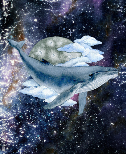 An electric blue whale swimming in a fluid space under the sky watercolor painting © cosmicanna