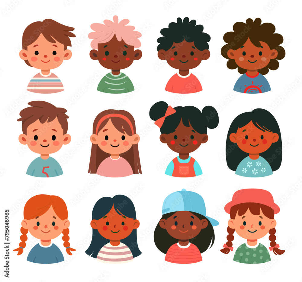 Cute kids characters different race and culture vector set. Collection of kindergarten, girls, boys, children happy smiling. Cute kids characters different race and culture vector set. Collection of kindergarten, girls, boys, children happy smiling.
