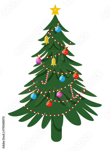 Decorated Christmas fur tree vector illustration isolated on white