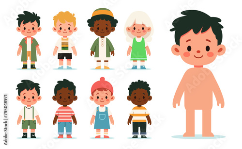 Cute kids characters different race and culture vector set. Collection of kindergarten, girls, boys, children happy smiling.
