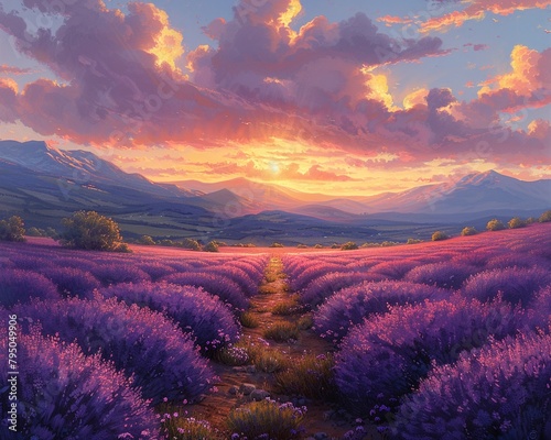 Lavender fields at sunset, color bathing the landscape