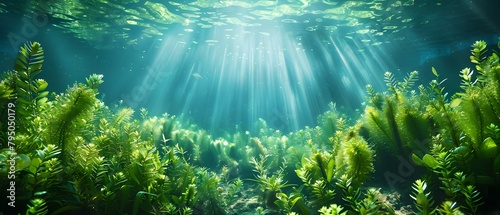 Underwater plants act as natural carbon sinks capturing and storing emissions. Concept Carbon Sequestration, Underwater Ecosystem, Environmental Impact, Aquatic Plants, Climate Change photo