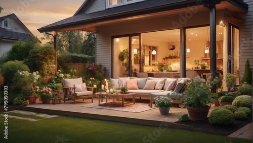 Summer evening on the patio of beautiful suburban house with garden 