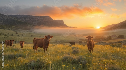 Rustic cattle draw in golden fields at dusk  serene farm life
