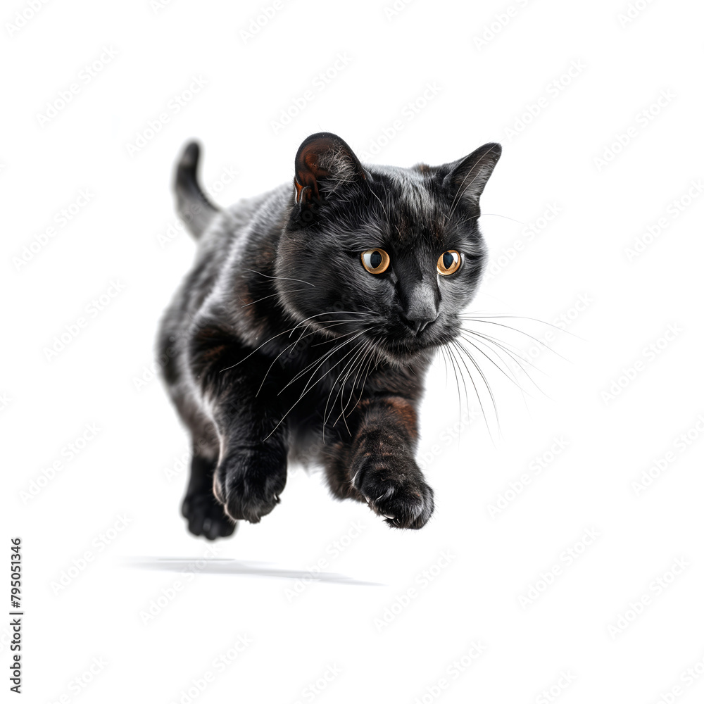 Black Cat Running on White Background. Generative AI