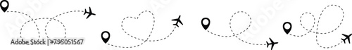 Airplane line path vector icon set of air plane flight route with start point and dash line trace. Various aircraft and destination location pins icons. Aircraft tracking, planes, travel, map