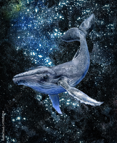 A watercolor humpback whale gracefully swimming through electric blue liquid in space © cosmicanna