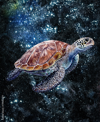 Kemps ridley sea turtle swimming in a fluid space like environment watercolor painting © cosmicanna