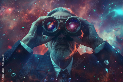 Evil boss observing a multiverse through mercury coated binoculars photo