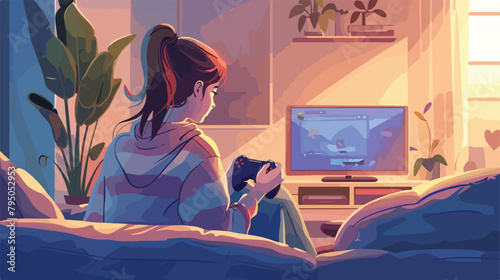 Teenage girl playing video game at home Vector illustration
