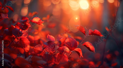 Red autumn leaves in a forest at sunset. Macro image 