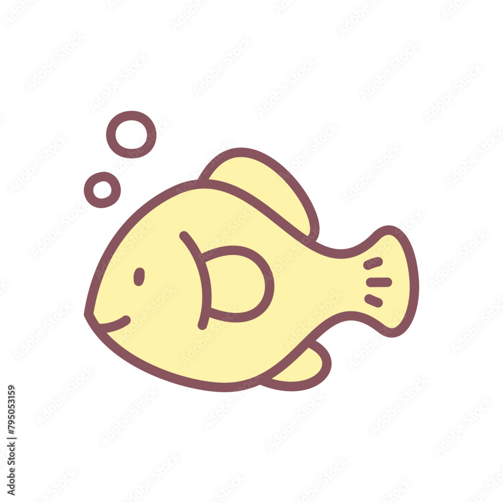 Cute fish icon. Hand drawn illustration of a little gold fish with bubbles isolated on a white background. Kawaii sticker. Vector 10 EPS.
