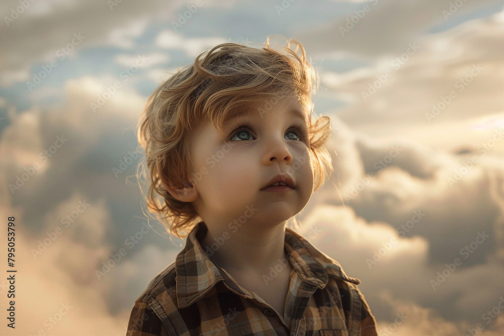 Small baby on clouds dramatic sunlight background made with generative AI Small baby on clouds dramatic sunlight background made with generative AI