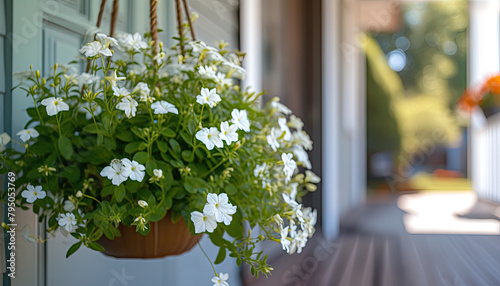 Profusely blooming white lobelia flower in hanging pot near door. Sunny morning photo