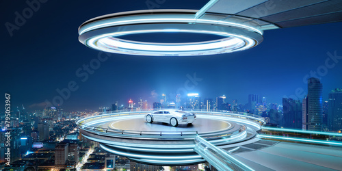 3D Modern white EV car on a sleek illuminated skyway stage © jamesteohart