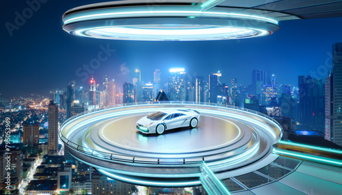 3D Modern white EV car on a sleek illuminated skyway stage