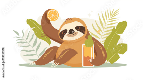 Illustration of a relaxed sloth holding a glass of juice with tropical foliage background.