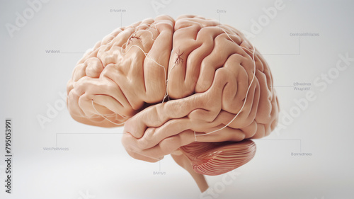 3D human brain model with labeled parts on a light background. photo
