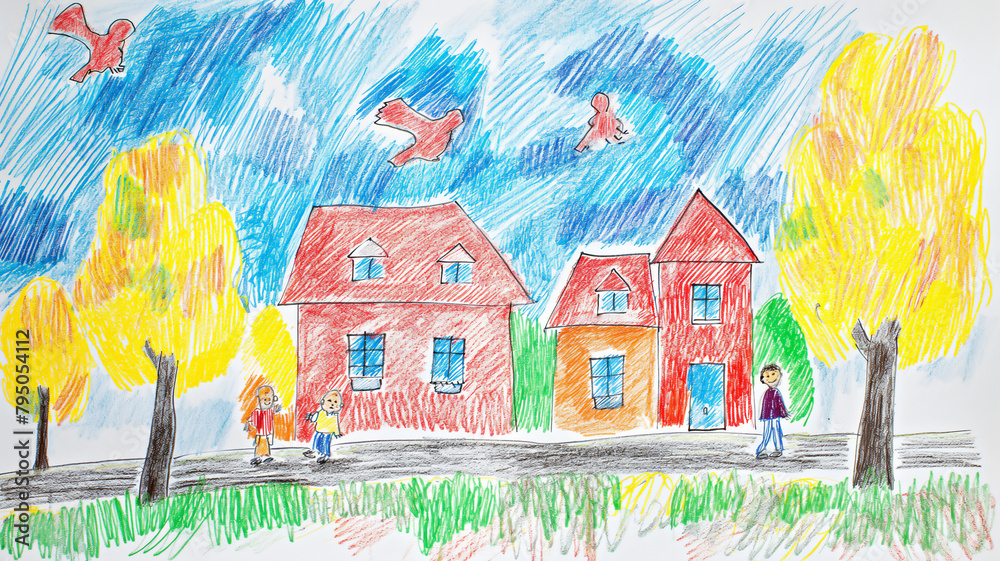 Child's drawing of two houses and trees with crayon birds in the sky.