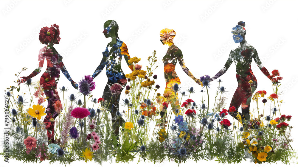 Silhouettes of people made of assorted flowers walking hand in hand.
