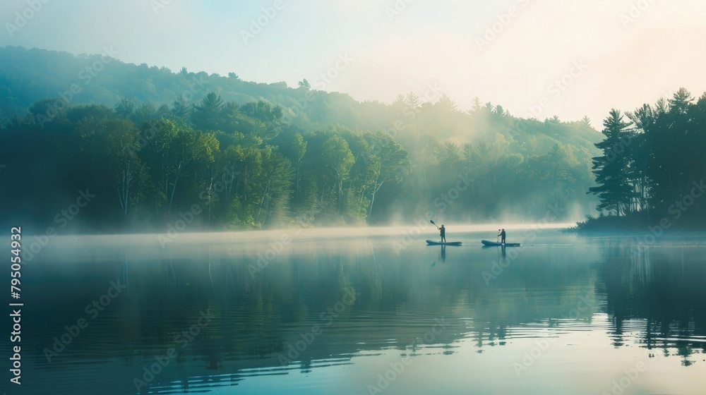 A tranquil morning paddleboard session on a calm lake, with participants enjoying the peaceful rhythm of paddling and the beauty of the natural surroundings. A tranquil morning paddleboard session on a calm lake, with participants enjoying the peaceful rhythm of paddling and the beauty of the natural surroundings.
