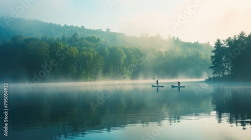 A tranquil morning paddleboard session on a calm lake, with participants enjoying the peaceful rhythm of paddling and the beauty of the natural surroundings.