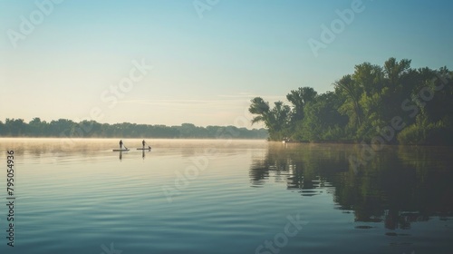 A tranquil morning paddleboard session on a calm lake  with participants gliding across the water and enjoying the peace and serenity of the early morning hours.