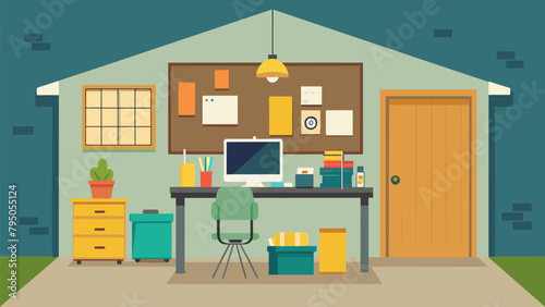 A designated workspace in the garage is set up with salvaged materials like an old door repurposed into a desk a file cabinet and a pegboard