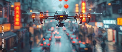 City wallpaper with autonomous drone delivering packages above congested streets showcasing efficiency. Concept Technology, Urban, Delivery, Efficiency, Drones photo