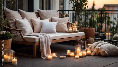 Beautiful view of garden furniture with pillow, soft blanket and burning candles at balcony 