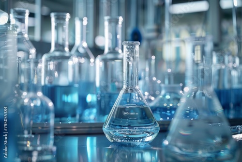 Glass beakers, test tubes and bottles in a scientific biochemical laboratory