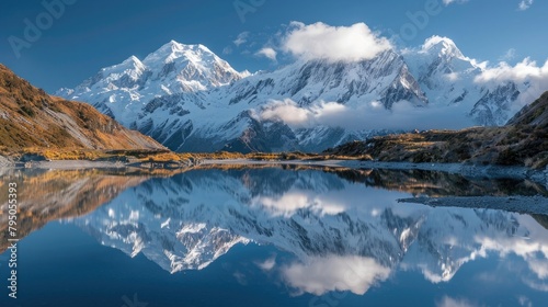 A tranquil mountain lake reflecting the snow-capped peaks that tower above, a mirror image of rugged beauty. © Hasii