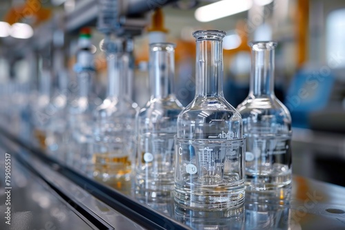 Glass beakers, test tubes and bottles in a scientific biochemical laboratory