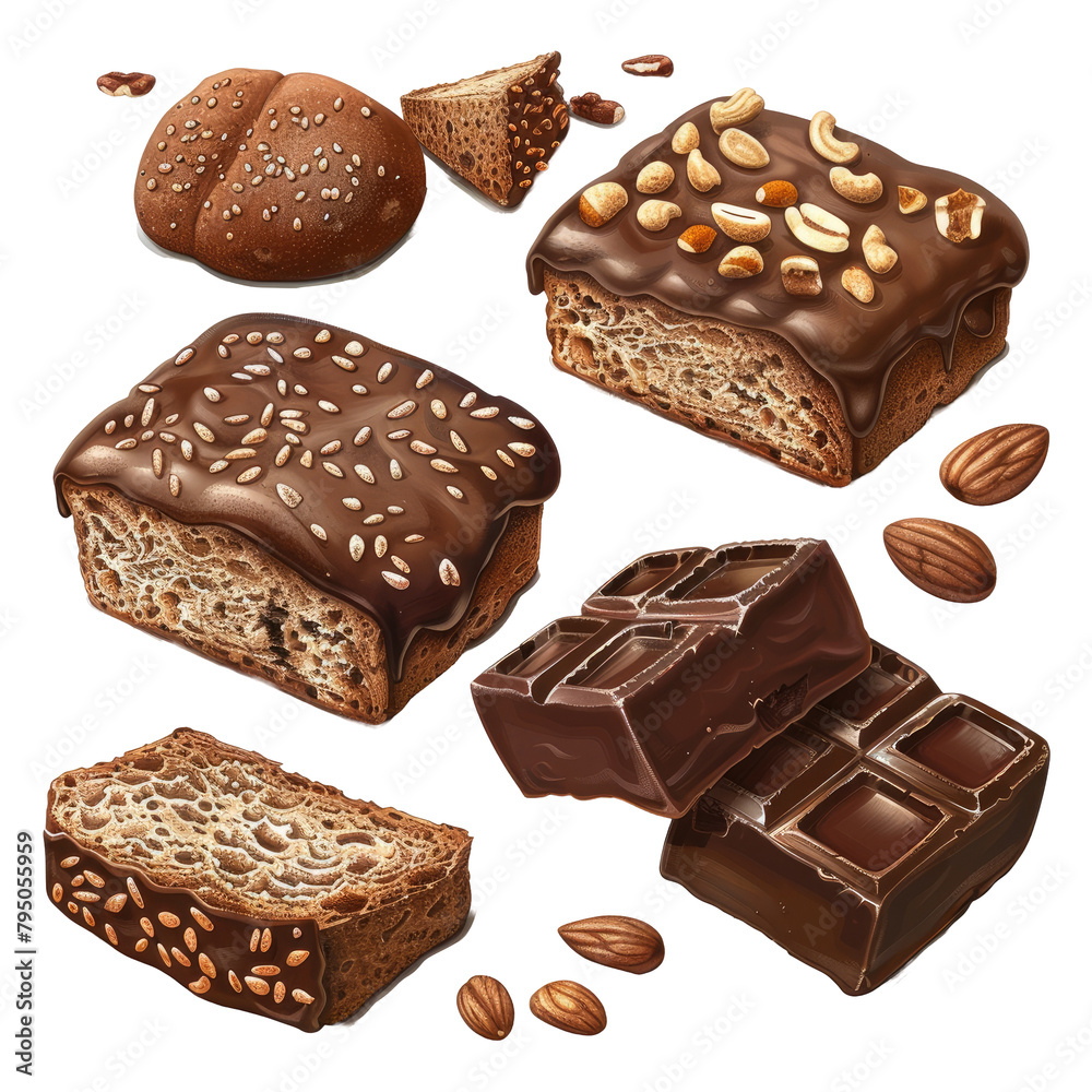 Chocolate covered bread and nut coated bread with separate images of bread and chocolate set on a transparent background