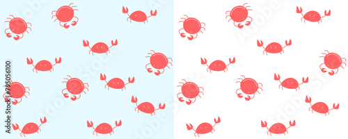 Seamless pattern with red crabs. Seabed, crayfish on blue. Suitable for design and printing on fabric. Vector illustrations isolated on azure and white background in flat style