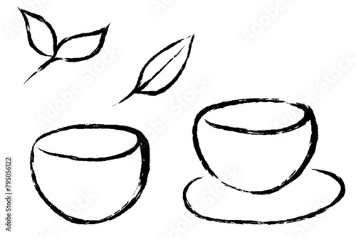 シンプルな筆タッチの緑茶のイラストセット