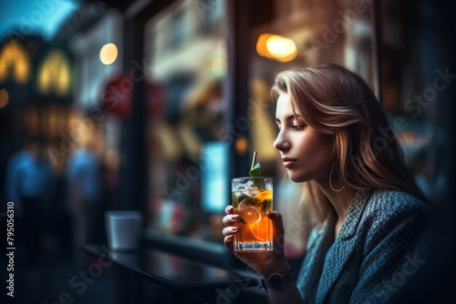 Girl Sits At The Table Of Street Cafe With Cocktail