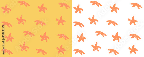Seamless pattern with starfish on an orange background  hand drawn. Wild inhabitants of the sea. For design and printing. Vector illustration isolated on white background in flat style.