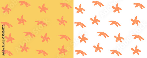 Seamless pattern with starfish on an orange background, hand drawn. Wild inhabitants of the sea. For design and printing. Vector illustration isolated on white background in flat style.