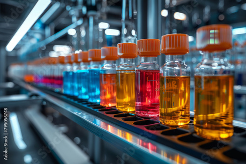 Glass vessels in a chemical laboratory with colored liquids