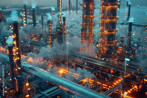Factory with gas pollution  technology interface in blue and orange tones  environmental impact concept  detailed view