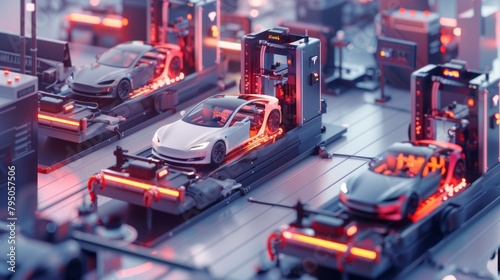 A futuristic car assembly line with a white car in the middle © liliyabatyrova