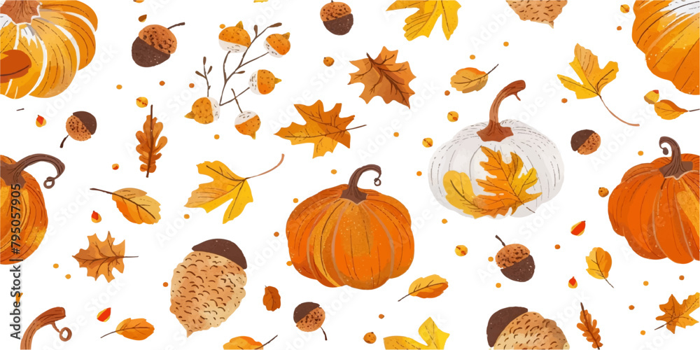 Autumn seamless pattern with pumpkins, acorns and autumn leaves on a white background