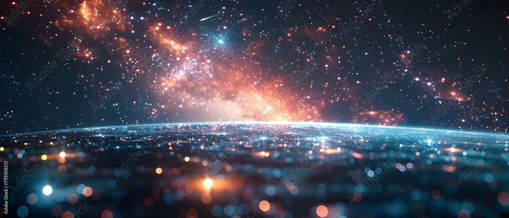 Obraz premium Nighttime background with cyberpunk color scheme and shooting starlight creating an aesthetic scene. Concept Nighttime Photography, Cyberpunk Aesthetics, Shooting Starlight, Colorful Cityscape