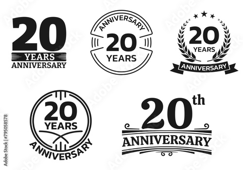 20 years icon or logo set. 20th anniversary celebrating sign or stamp. Jubilee, birthday celebration design element. Vector illustration.