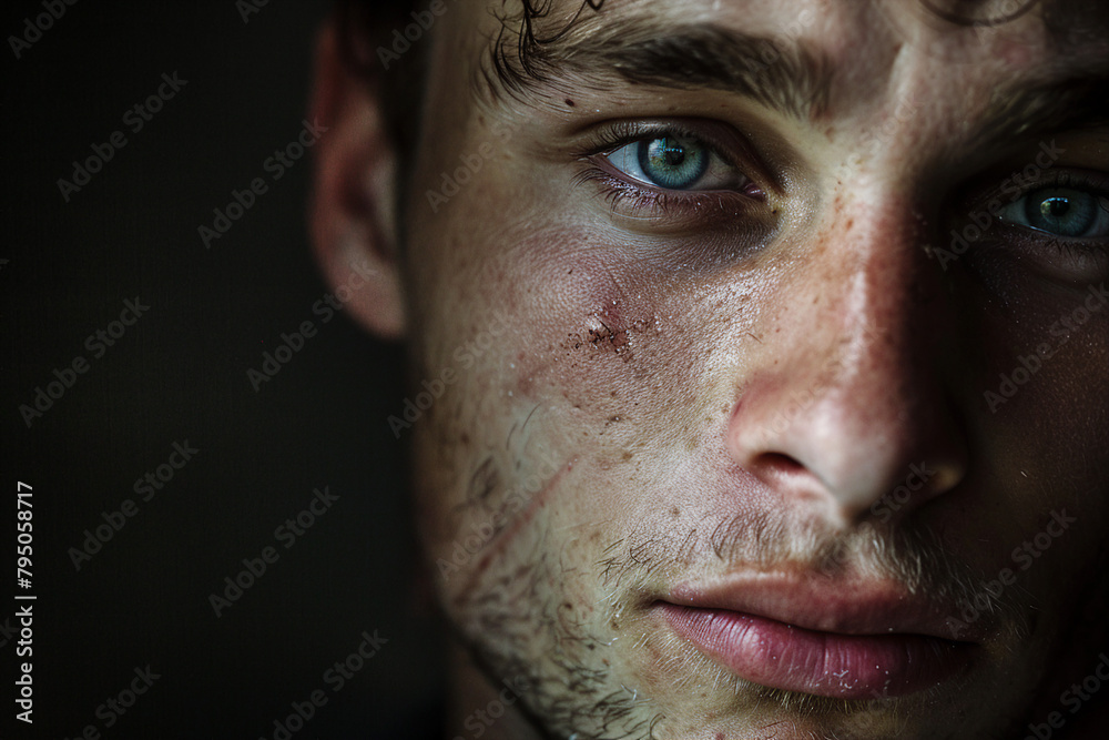 Close up image of a young man face with acne generative AI Close up image of a young man face with acne generative AI
