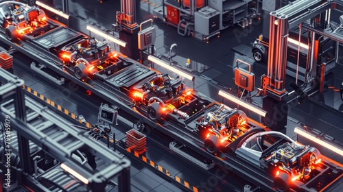 A futuristic factory with robots working on cars